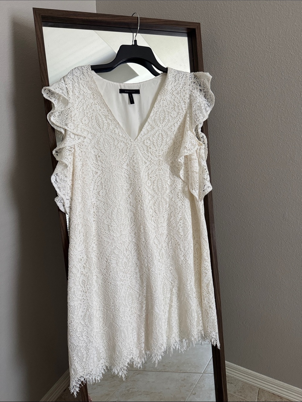 Cream Lace V-Neck Ruffle Sleeve Dress